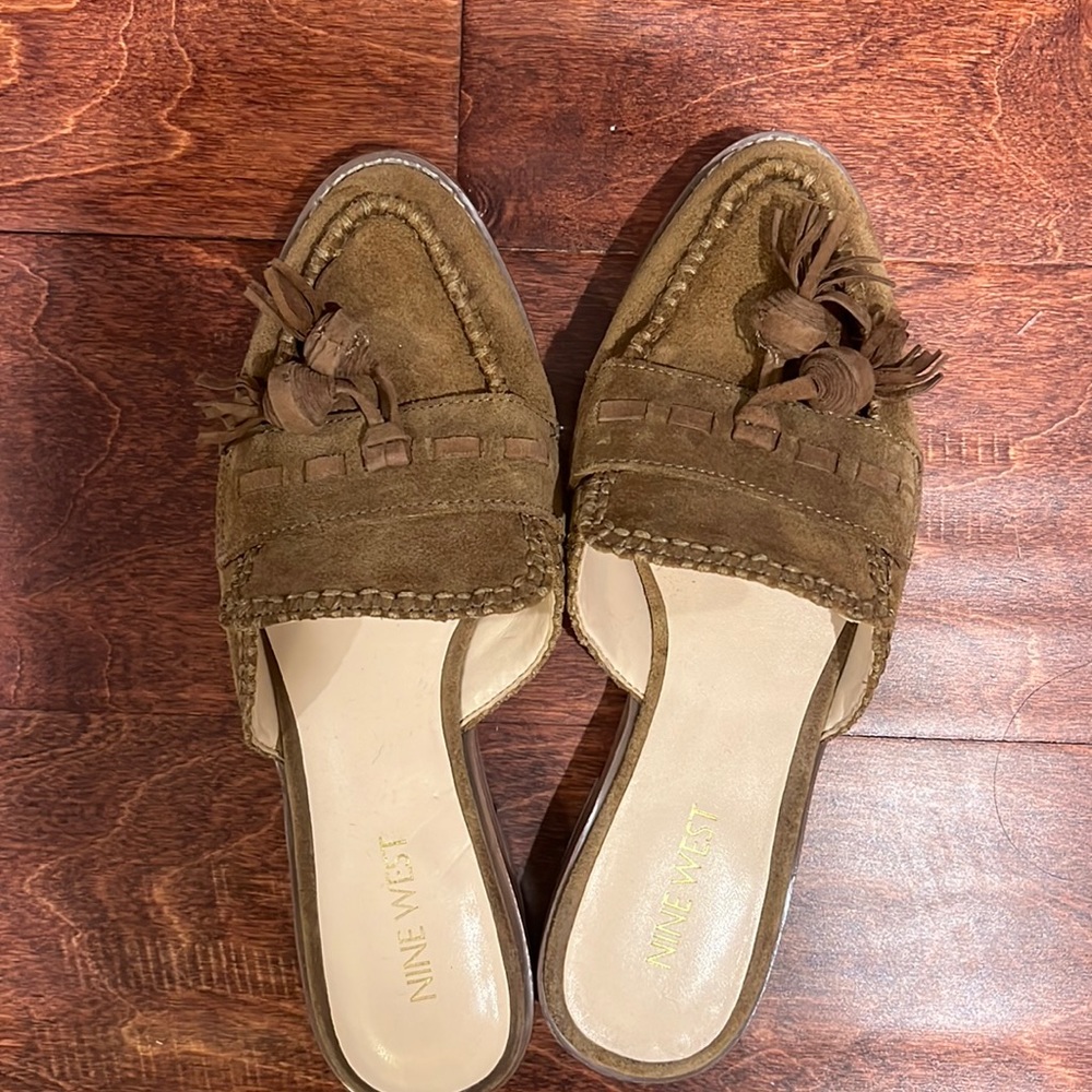 Gently used Olive green suede slides